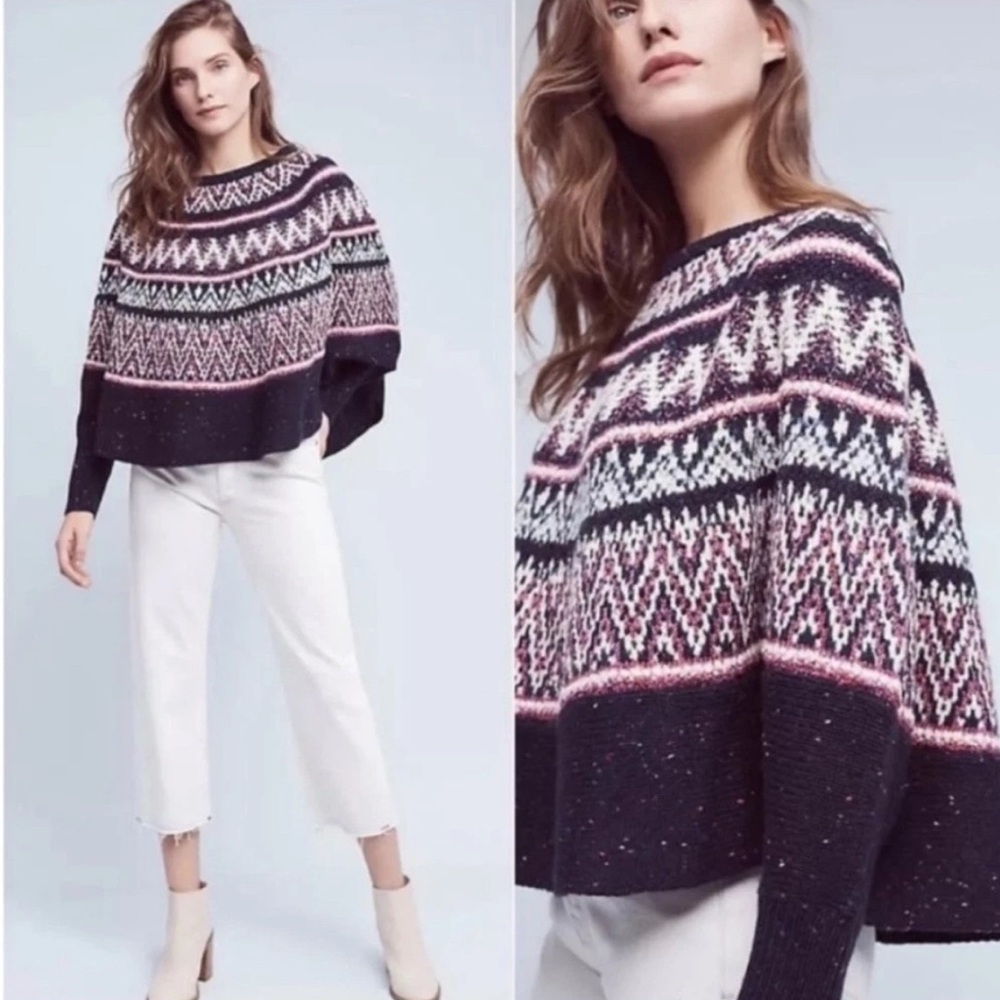 Sleeping On Snow Anthropologie Blue Midland Fair Isle Poncho Sweater M/L